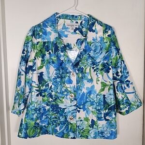 Southern Lady Women's Petite S Green Blue Floral 3/4 Sleeve Button Blazer Jacket